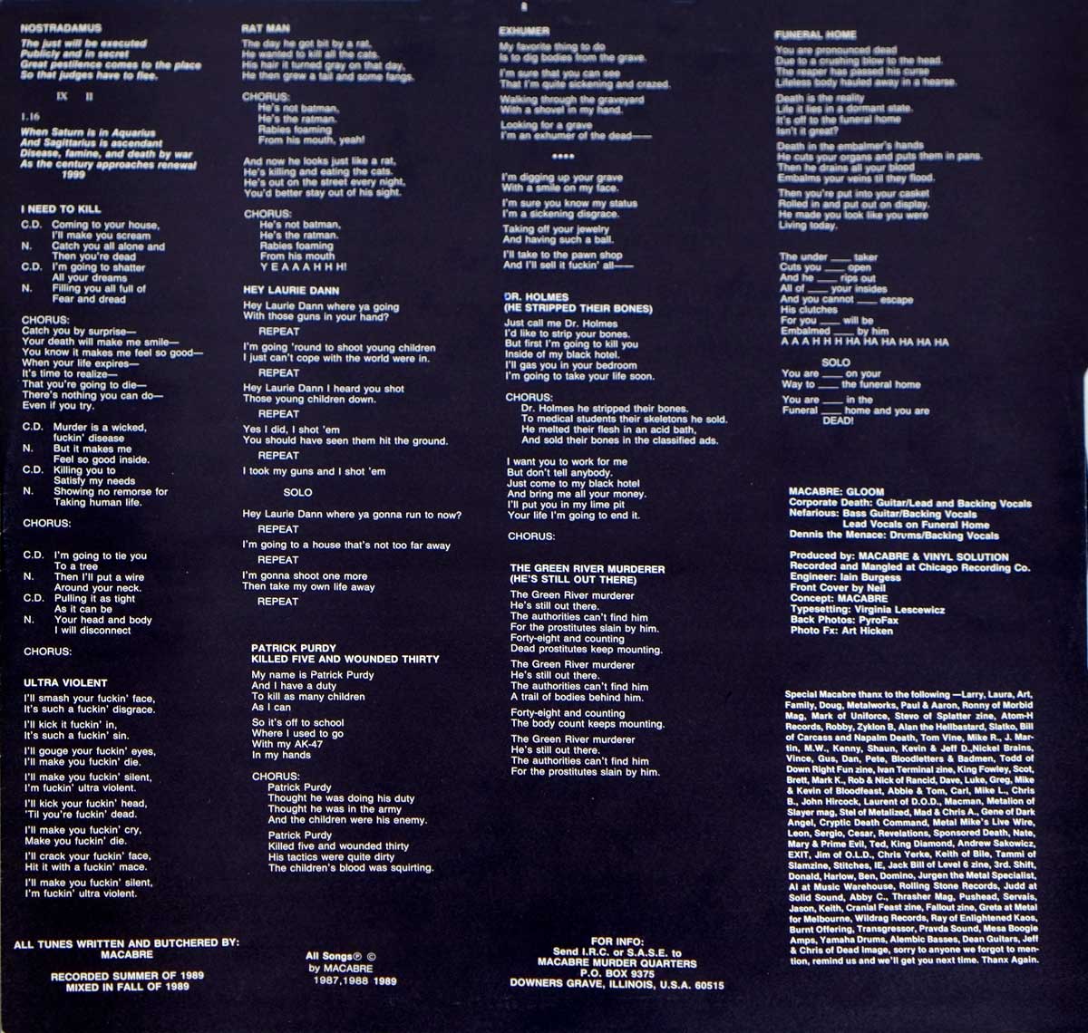 Lyrics printed on the custom inner sleeve of Macabre's Gloom    
