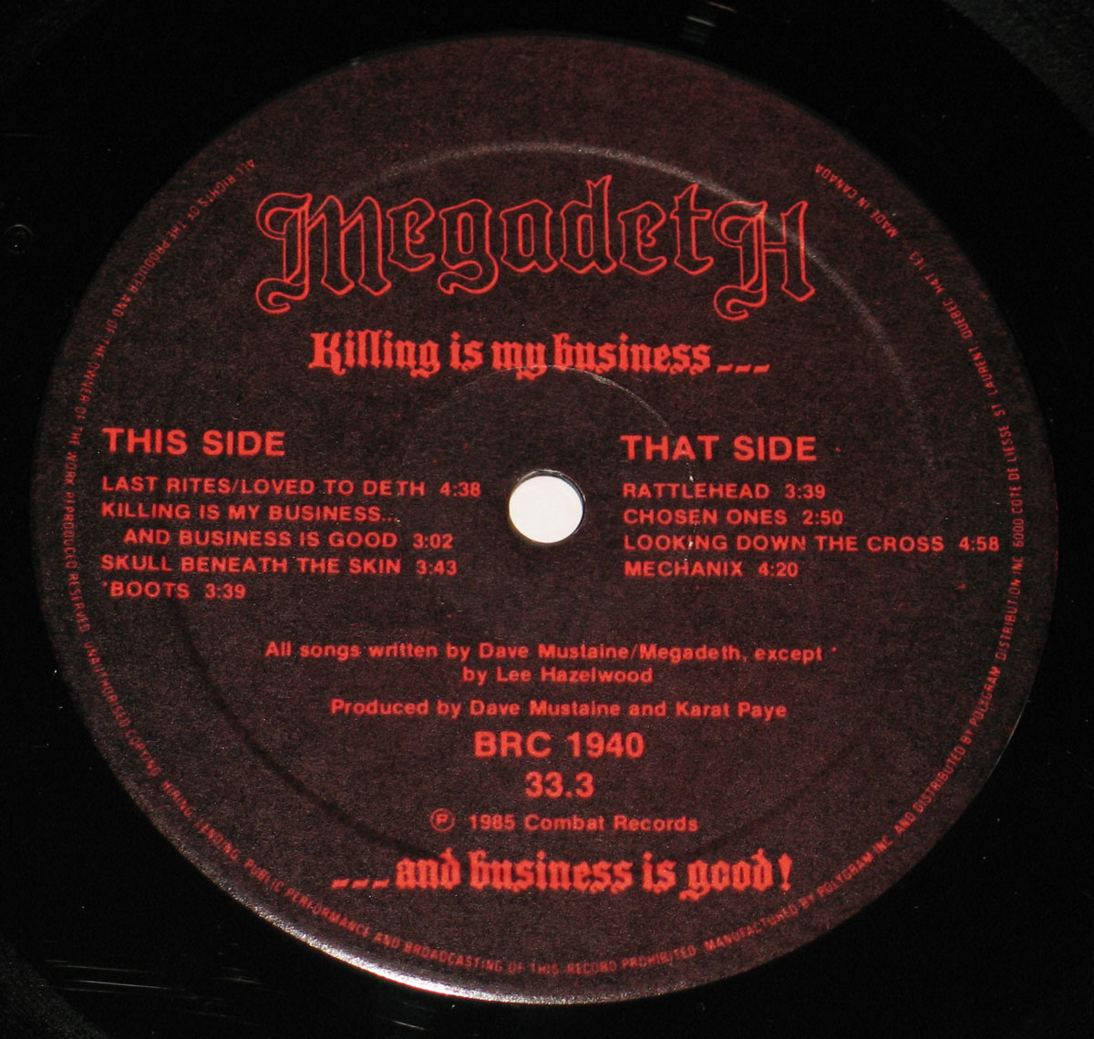 Close-up Photo of "Killing is my Business ... ... and Business is Good" Record Label  