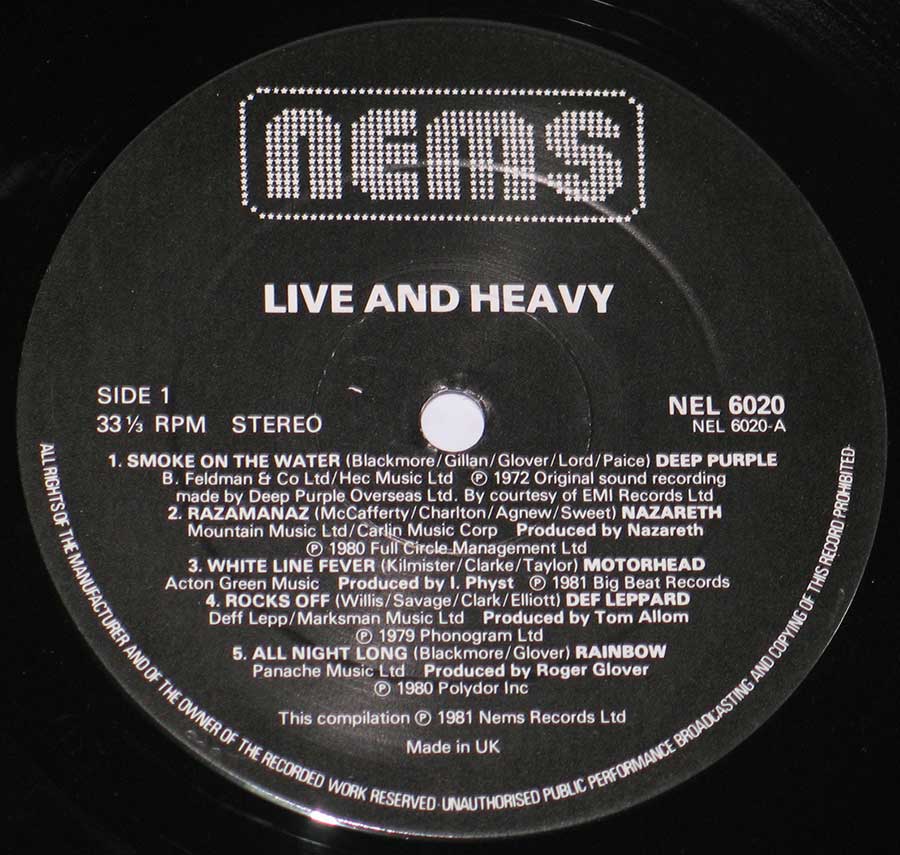 Close up of record's label VARIOUS ARTISTS - Live and Heavy 12" Vinyl LP Album Side One