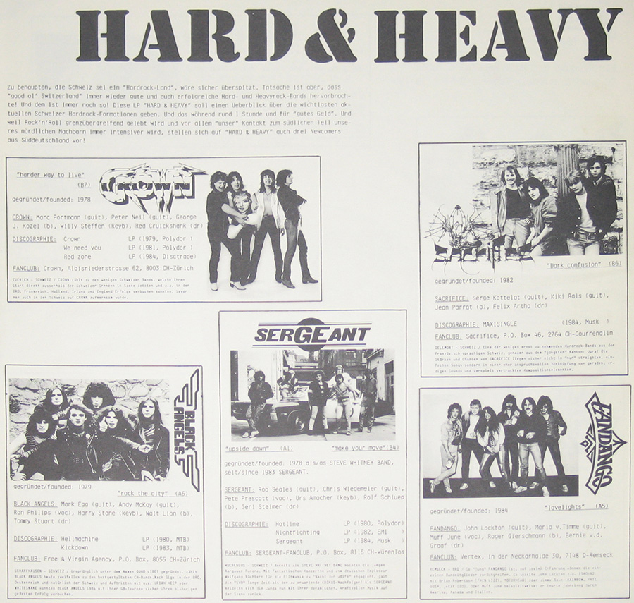 Photo One Of The Original Custom Inner Sleeve HARD & HEAVY Swiss Hard Rock and Heavy Metal 12" Vinyl LP album 