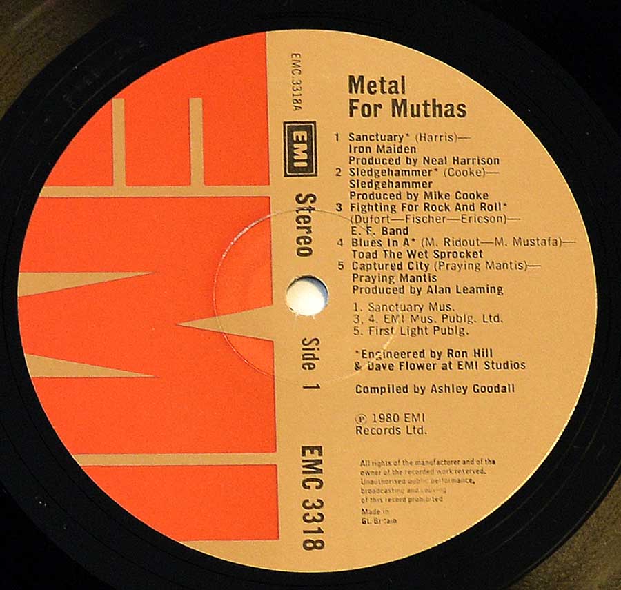 Close up of record's label VARIOUS ARTISTS - Metal for Muthas Iron Maiden NWOBHM 12" LP ALBUM VINYL Side One
