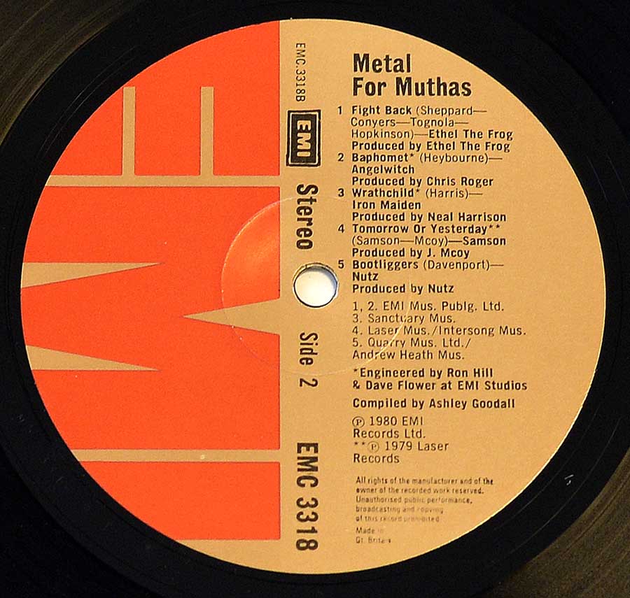 Close up of record's label VARIOUS ARTISTS - Metal for Muthas Iron Maiden NWOBHM 12" LP ALBUM VINYL Side Two