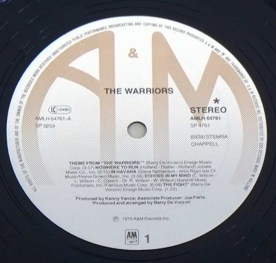 Close up of Side One record's label THE WARRIORS - Original Motion Picture Soundtrack OST 12" Vinyl LP Album
