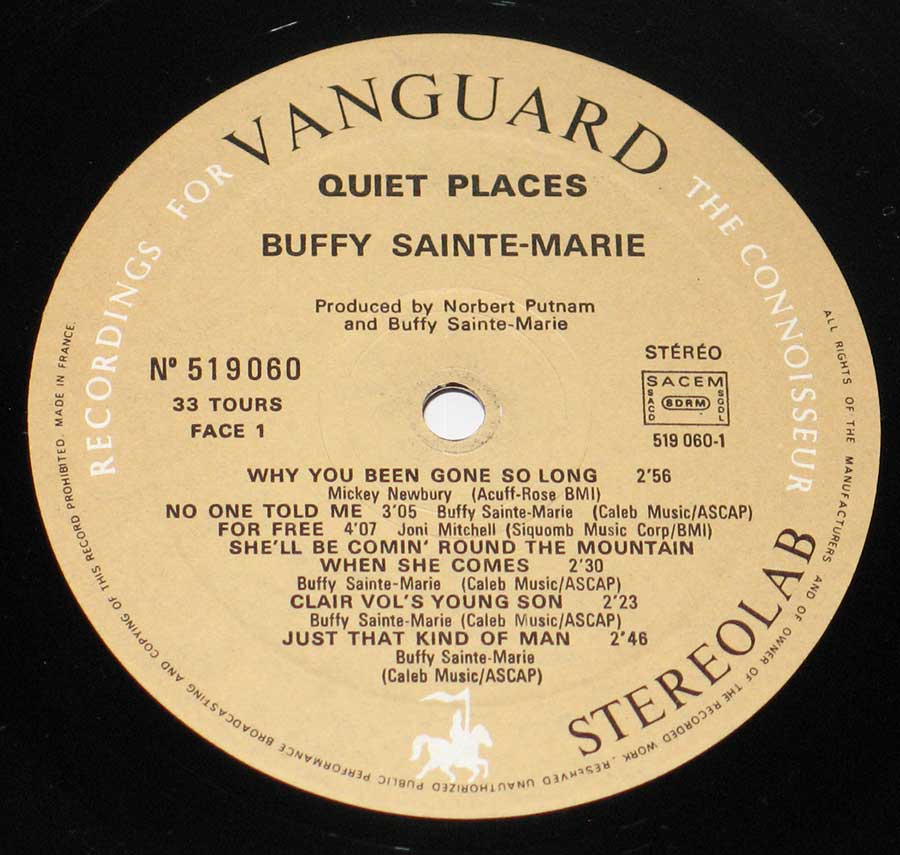 Close up of record's label Buffy Sainte-Marie Quiet Places Side One