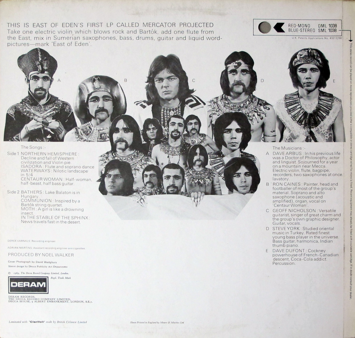 ‘Back cover of Mercator Projected by East of Eden, featuring black-and-white portraits of band members in elaborate costumes, each with unique descriptions. Tracklist includes songs like “Decline and Fall of Western Civilization” and “In the Stable of the Sphinx.” Released by Deram Records in 1969.’ https://vinyl-records.nl//