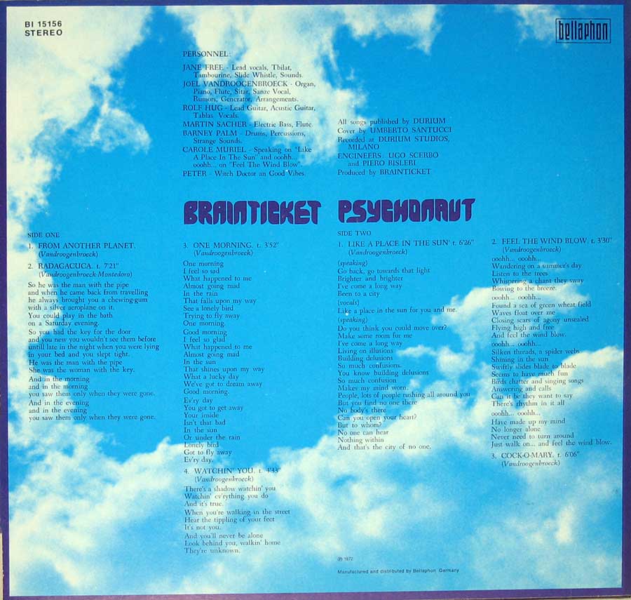BRAINTICKET - Psychonaut Bellaphon 15156 Kraut 12" Vinyl LP Album back cover