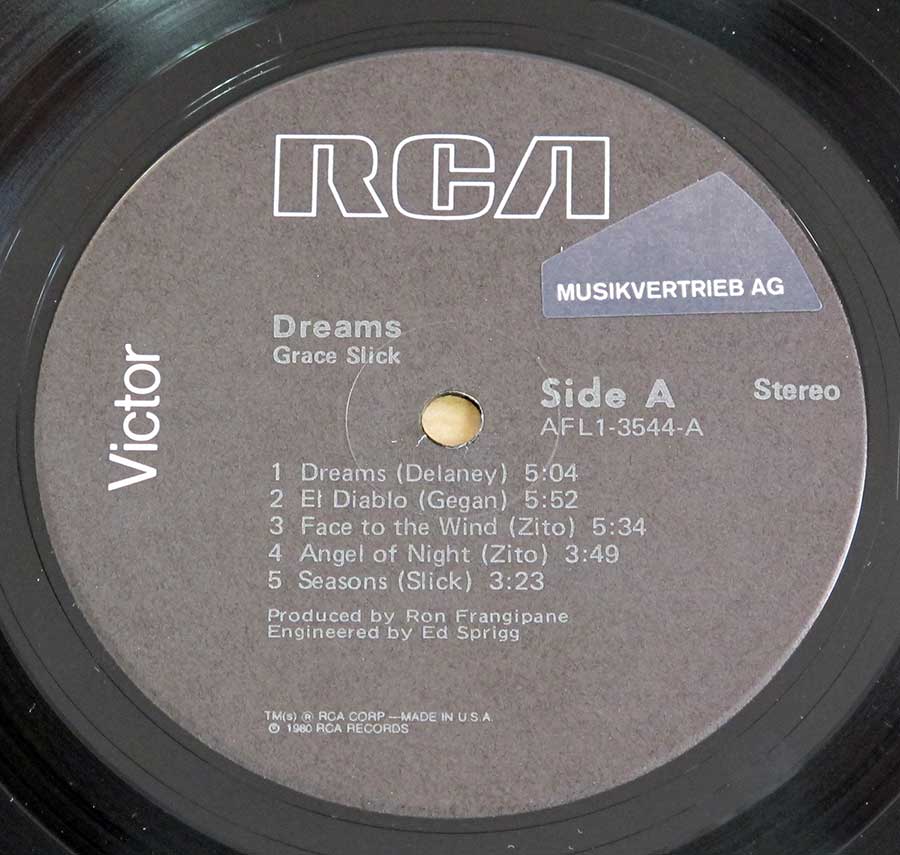 "Dreams by Grace Slick" Black colour RCA Victor Record Label Details: AFL13544, Made in U.S.A. ℗ 1980 RCA Records Sound Copyright 