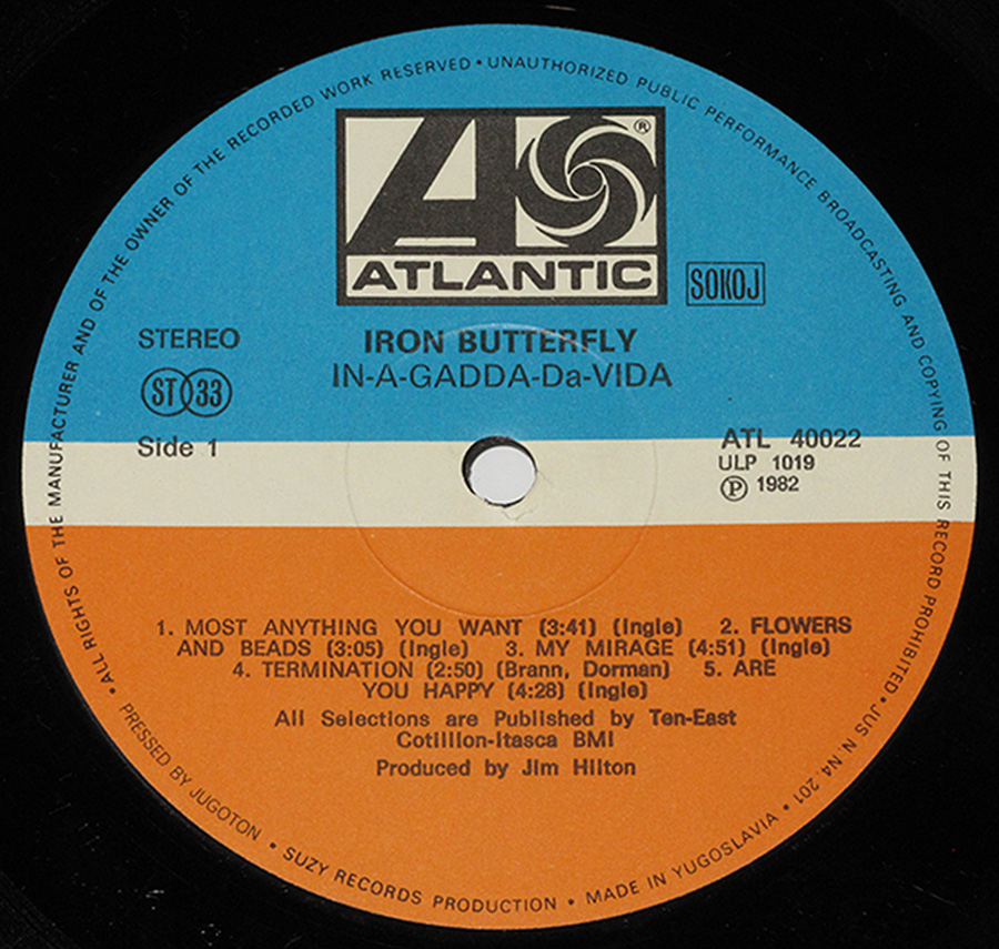 Close-up Photo of "IRON BUTTERFLY - In-a-Gadda-Da-Vida Jugoton / Yugoslavia" The Blue and White Atlantic Record Label  