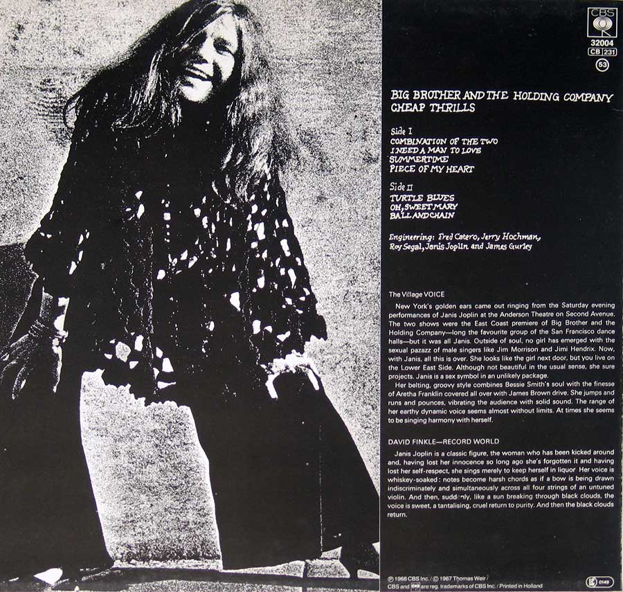 Large black and white photo of Janis Joplin, as liner notes by David Finkle on the album back cover 