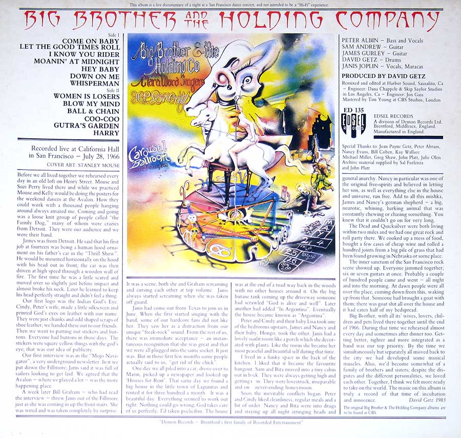 Cheaper Thrills By Janis Joplin & Big Brother Holding Company 12" Vinyl LP ALbum album back cover
