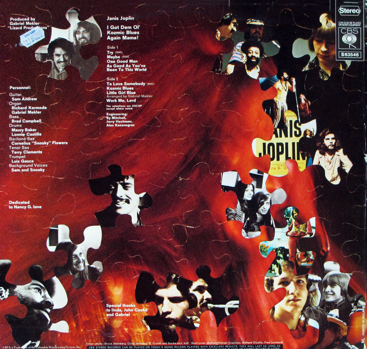 Back cover of Janis Joplin's 'I Got Dem Ol' Kozmic Blues Again Mama!' featuring a fragmented puzzle-piece collage of band members, tracklist, production credits, and a deep red flowing fabric background, evoking the album’s raw, soulful blues-rock energy.