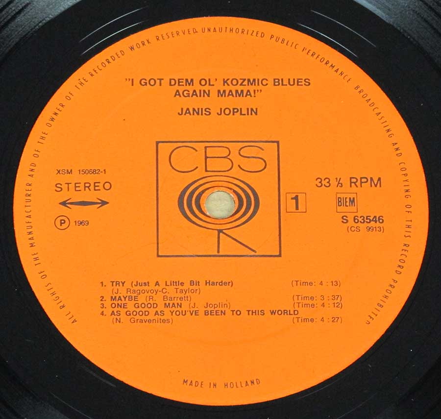 JANIS JOPLIN - I Got 'Em Old Kozmic Blues Again Mama 12" LP VINYL ALBUM enlarged record label
