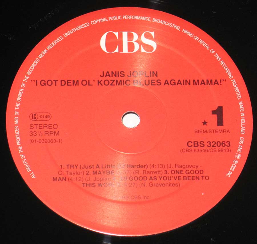 JANIS JOPLIN - I Got 'em old Kozmic Blues again Mama Red Label 12" Vinyl LP Album enlarged record label