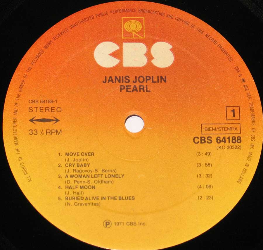 JANIS JOPLIN - Pearl 12" VINYL LP ALBUM enlarged record label