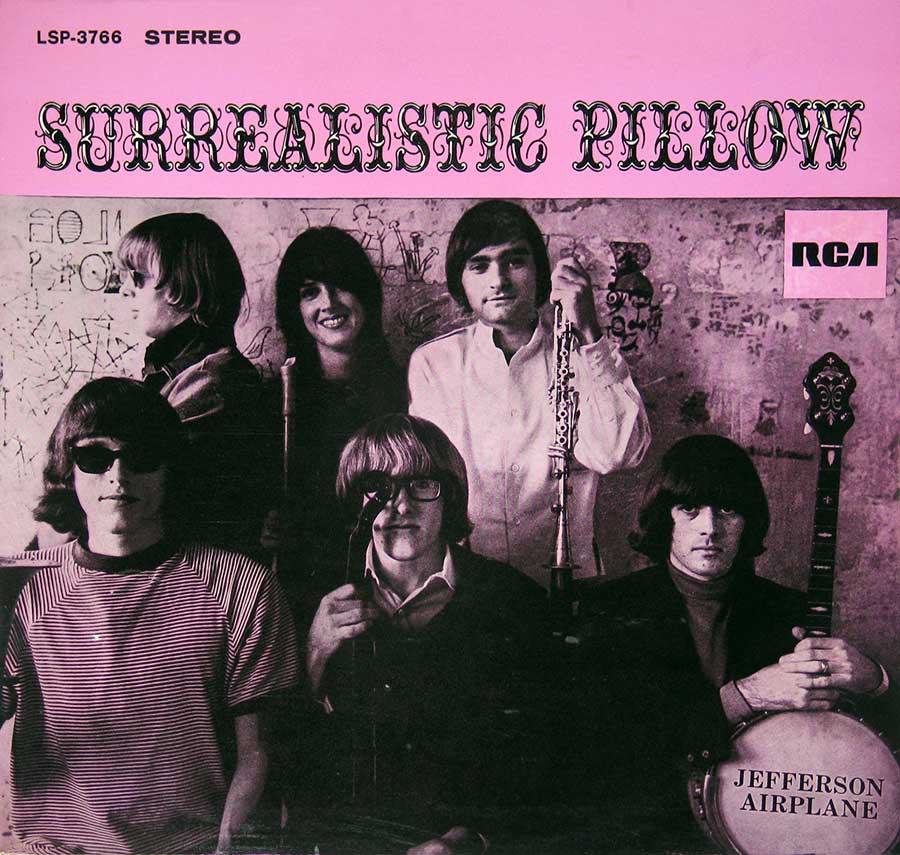 A group photo of the Jefferson Airplane band on the purple album front cover of the album Surrealistic Pillow.