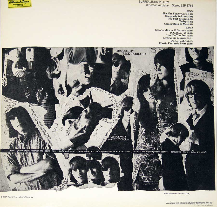 A collage of black and white Jefferson Airplane band-member photos on the album back cover