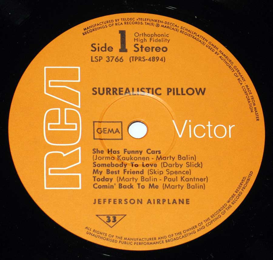 JEFFERSON AIRPLANE - Surrealistic Pillow 12" LP Vinyl Album enlarged record label
