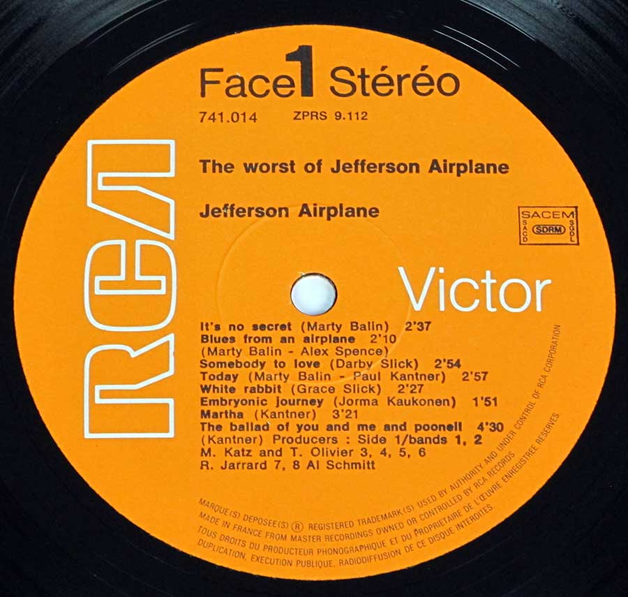 "Worst Of Jefferson Airplane" Record Label Details: Orange Colour RCA VICTOR 741.014. , ZORS 9.112 , Made in France SACEM, SDRM 