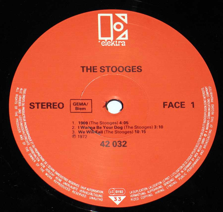 Close up of record's label STOOGES - Self-Titled Orig Germany Red Elektra Pressing 12" Vinyl LP Album Side One