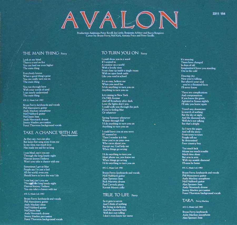 ROXY MUSIC - Avalon France Release 12" LP VINYL ALBUM custom inner sleeve