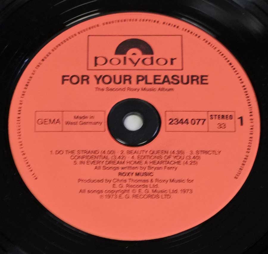 ROXY MUSIC For Your Pleasure Gatefold 12" LP VINYL ALBUM enlarged record label