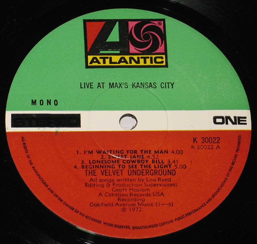 Close up of record's label VELVET UNDERGROUND - Live At Max's Kansas City 12" Vinyl LP Album Side One