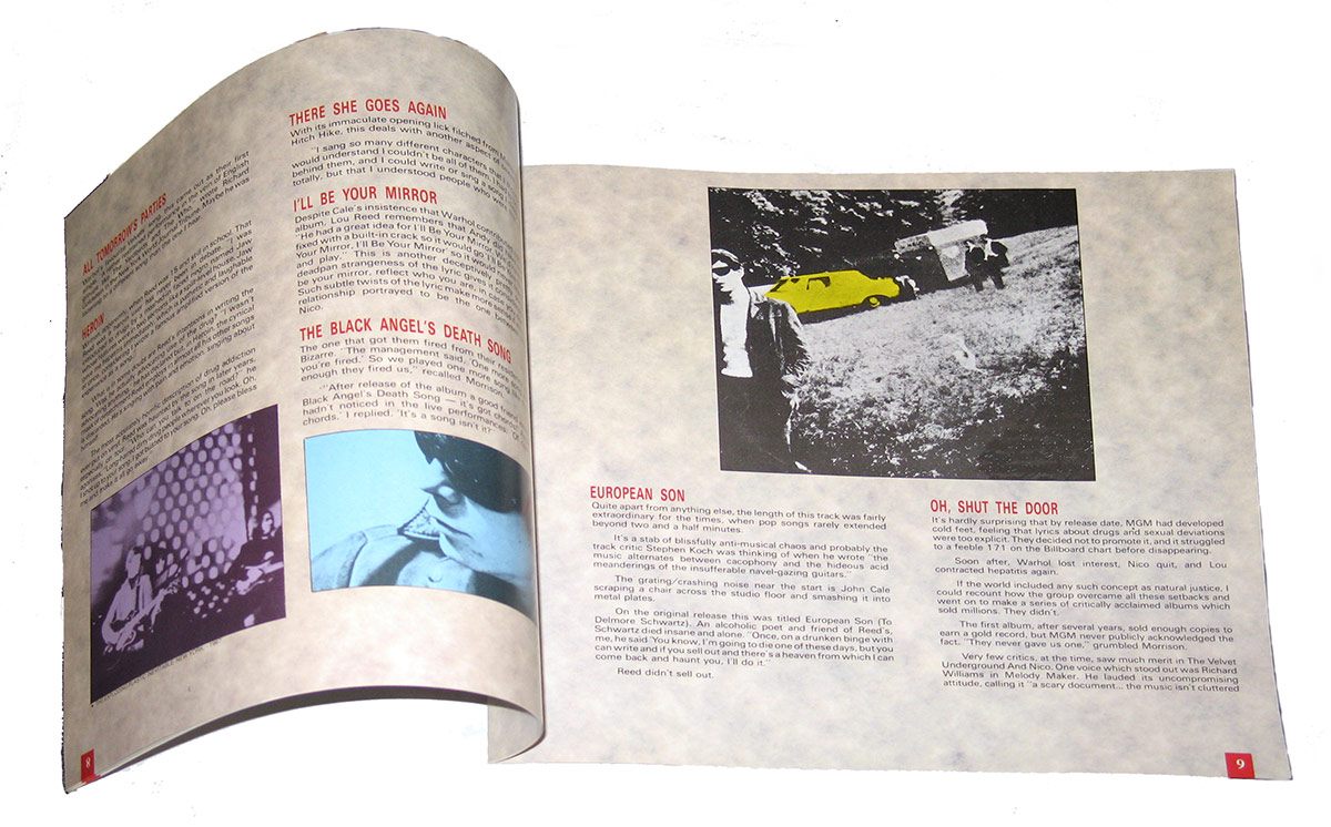 Interior booklet spread from the HMV Classic Collection limited edition of The Velvet Underground & Nico album, showing track commentary for songs including 'All Tomorrow's Parties', 'Heroin', 'I'll Be Your Mirror', and 'European Son', alongside period photos and collage artwork. The text is printed in black and red on a textured beige background.