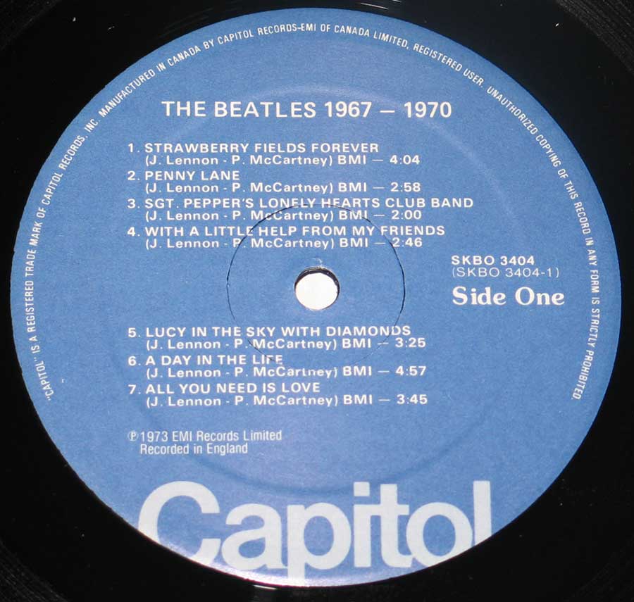 Close up of record's label BEATLES 1967-1970 Blue Cover Canada 12" Vinyl LP Album Side One