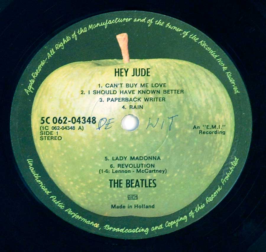 Close up of record's label THE BEATLES - Hey Jude 12" LP ALBUM VINYL Side One