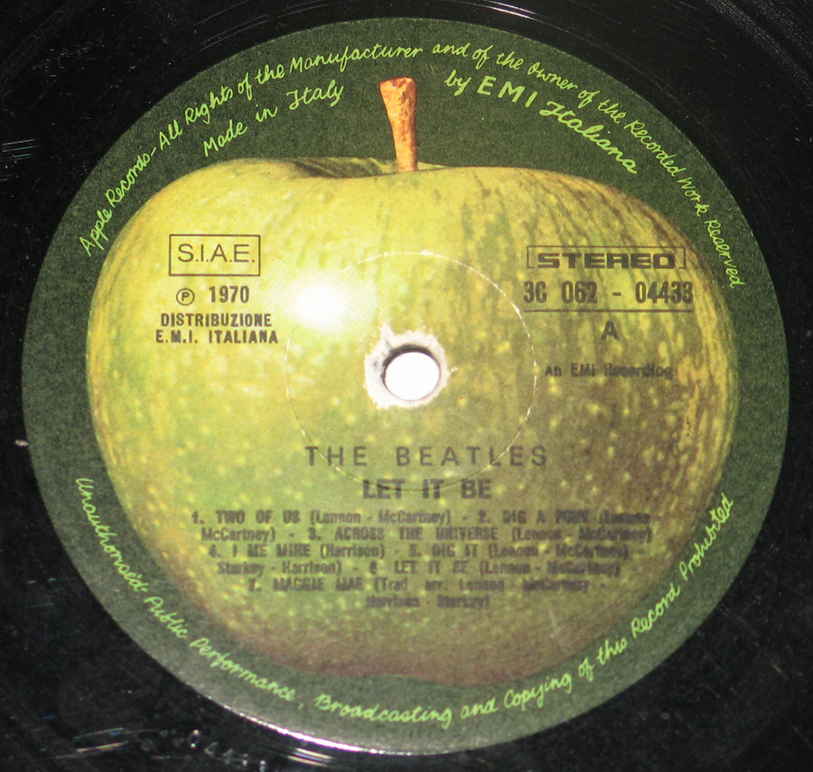 Close up of record's label BEATLES - Let it Be Italian Release 12" Vinyl LP Album Side One