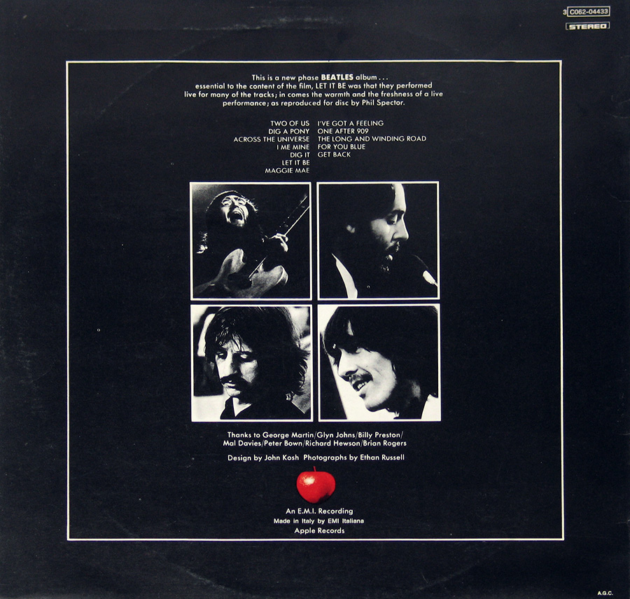 Photo of album back cover BEATLES - Let It Be Red Apple Logo Italian Release 12" Vinyl LP Album