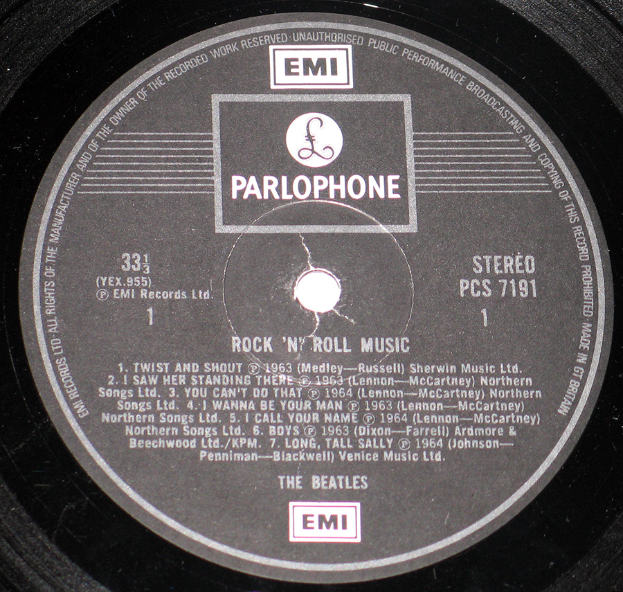 Close up of record's label BEATLES - Rock and Roll Music UK Release 12" Vinyl LP Album Side One