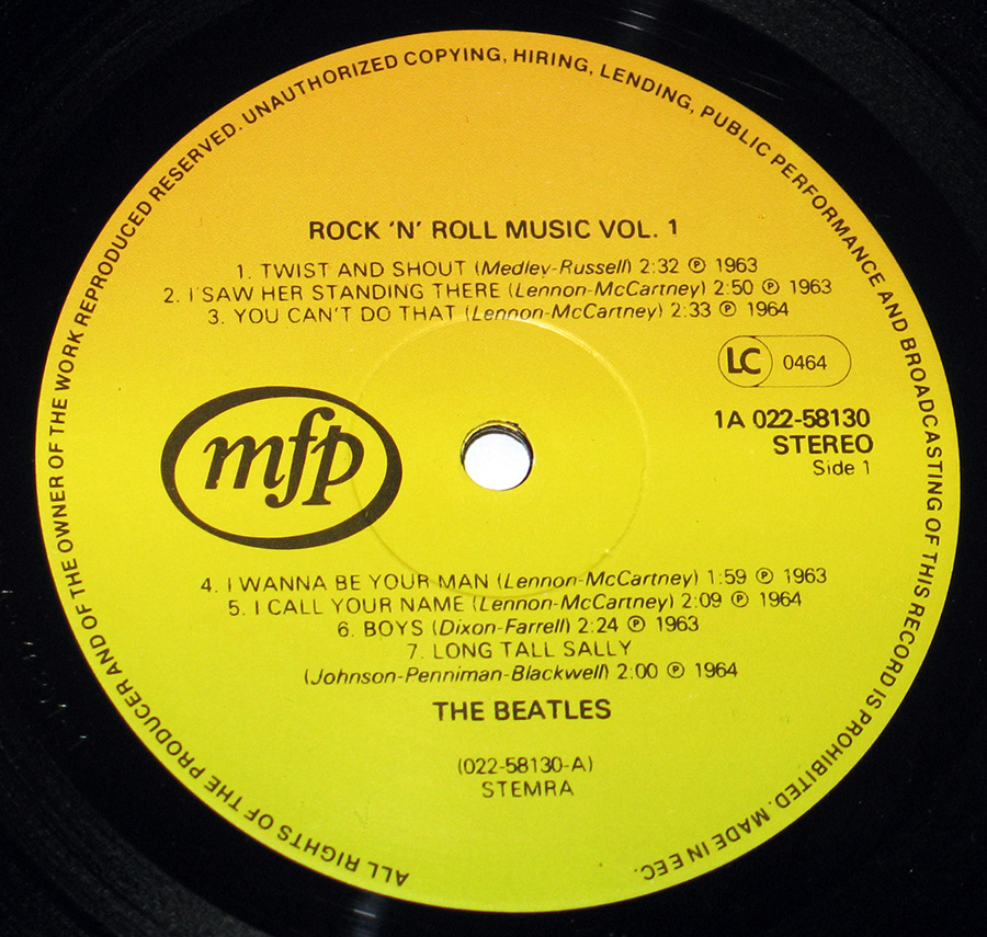 Close up of record's label BEATLES - Rock 'n' Roll Music Volume 1 12" Vinyl LP Album Side One