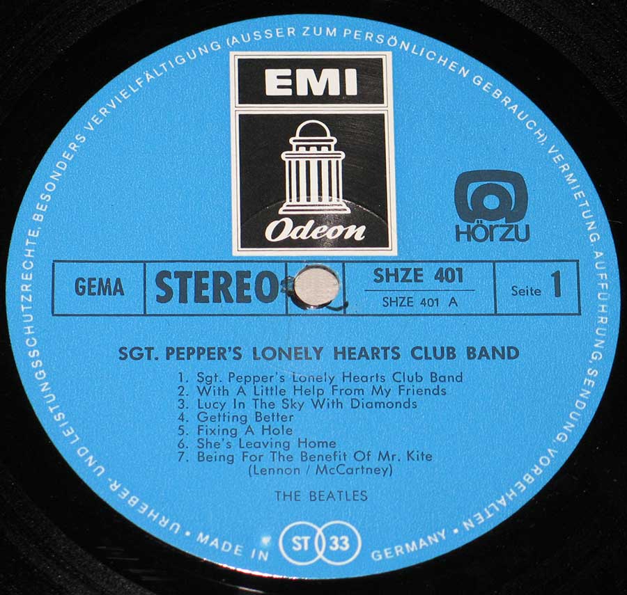 Close up of record's label BEATLES - Sgt Pepper's Lonely Hearts Club Band Horzu 12" Vinyl LP Album Side One