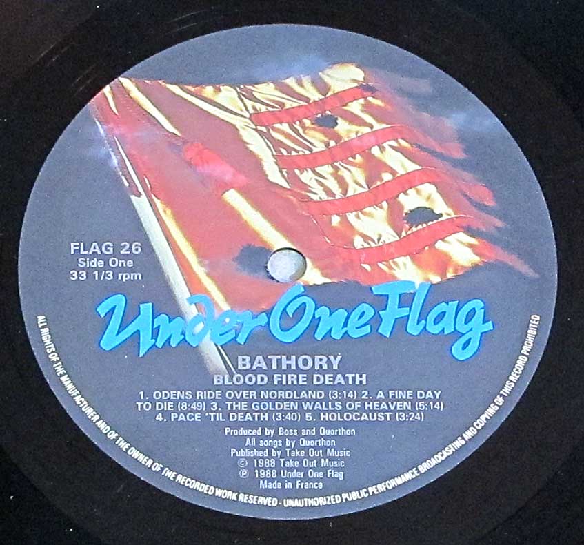 Close-up Photo of "BATHORY - Blood Fire Death FOC Gatefold" Record Label 