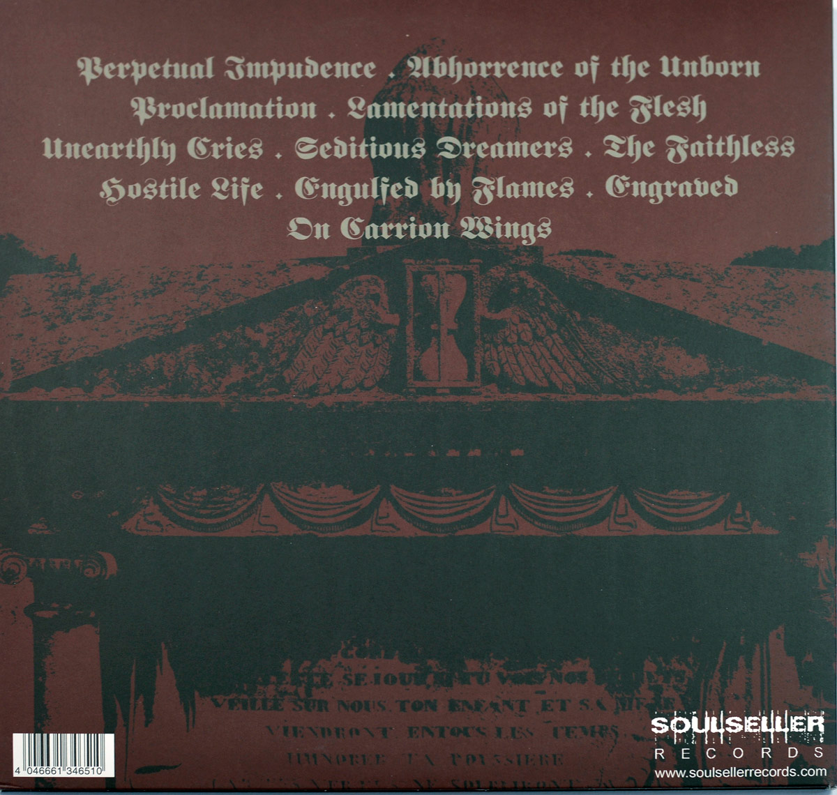 Back cover of Entrapment's 'Lamentations Of The Flesh' LP with gothic artwork, track listing in old English font, and Soulseller Records branding on a red-black background.