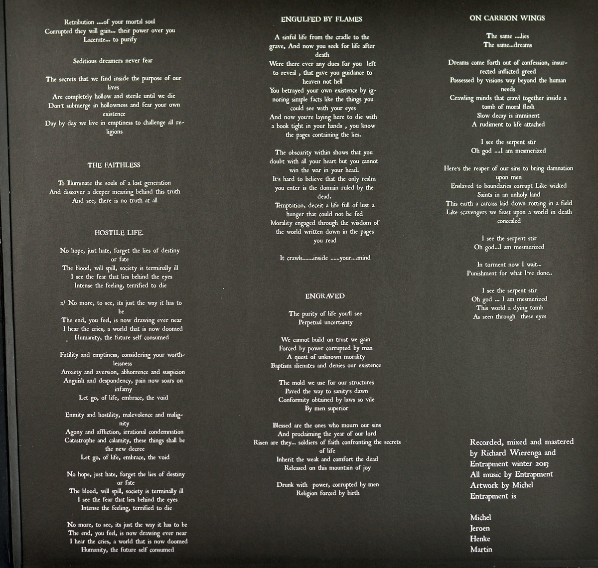 Second inner sleeve of Entrapment's 'Lamentations Of The Flesh' LP showing lyrics for six tracks in white serif text on black background, with credits to band and engineers.