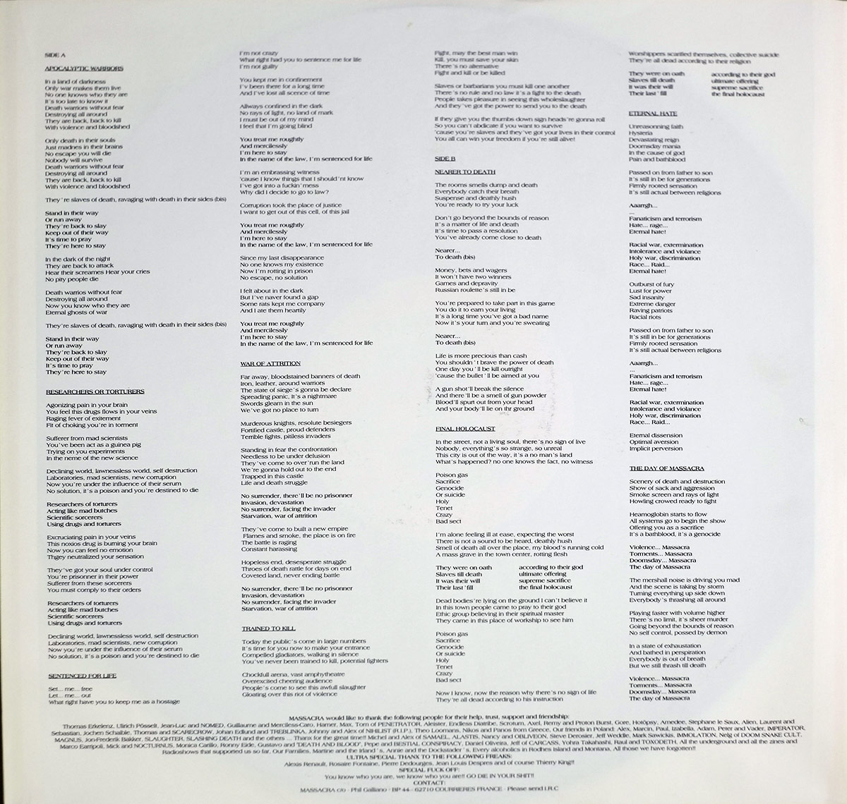 MASSACRA - Final Holocaust Shark Records 12" LP Vinyl Album custom inner sleeve