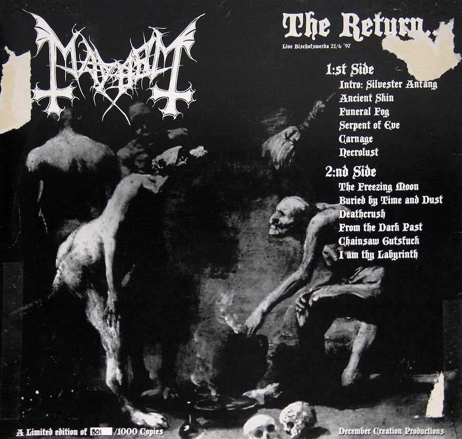 MAYHEM - Live The Return Bischofswerda 1997 Limited Edition 1000 12" VINYL LP ALBUM back cover