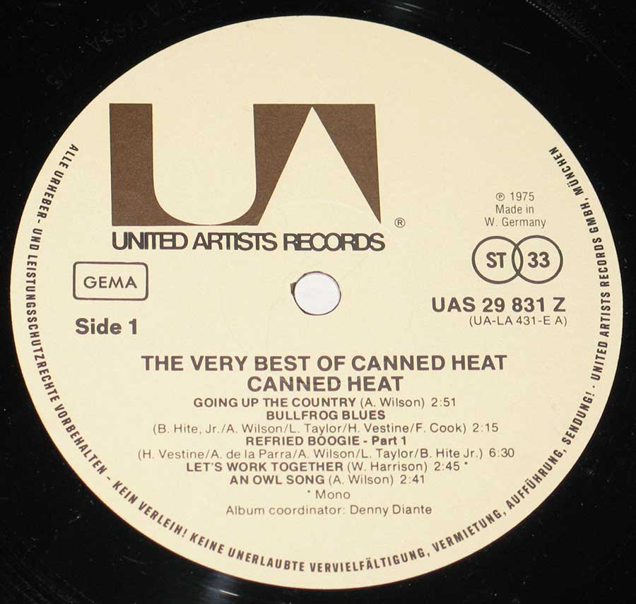 "The Very Best of Canned Heat" Record Label Details: United Artists Records UAS 29 831 