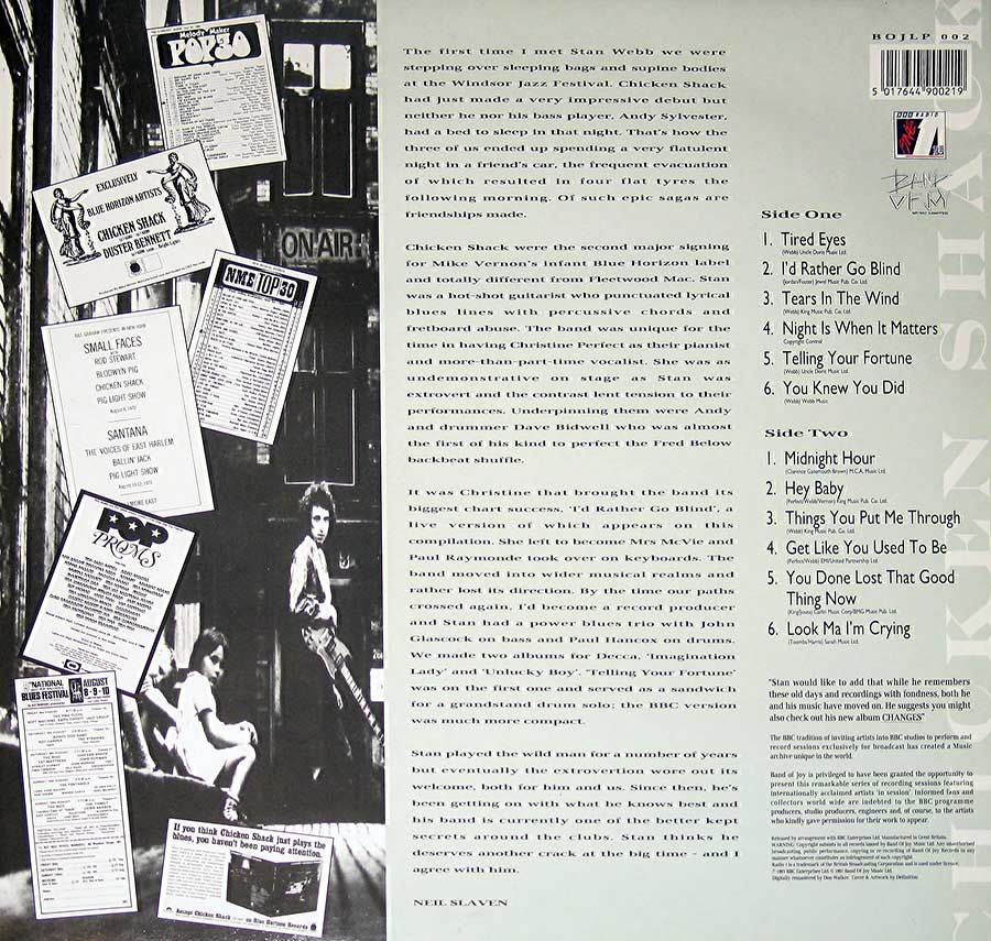 CHICKEN SHACK - On Air Rare BBC Recordings 12" VINYL LP ALBUM
 back cover