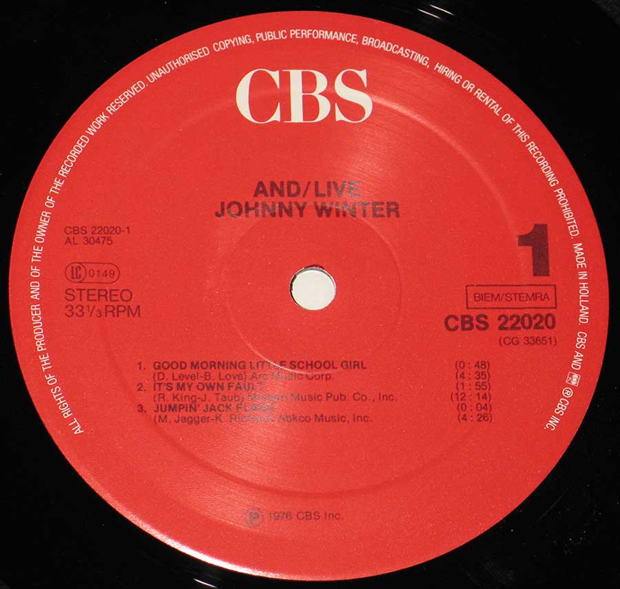 Close up of record's label JOHNNY WINTER AND & AND LIVE 2LP Vinyl ALBUM Side One