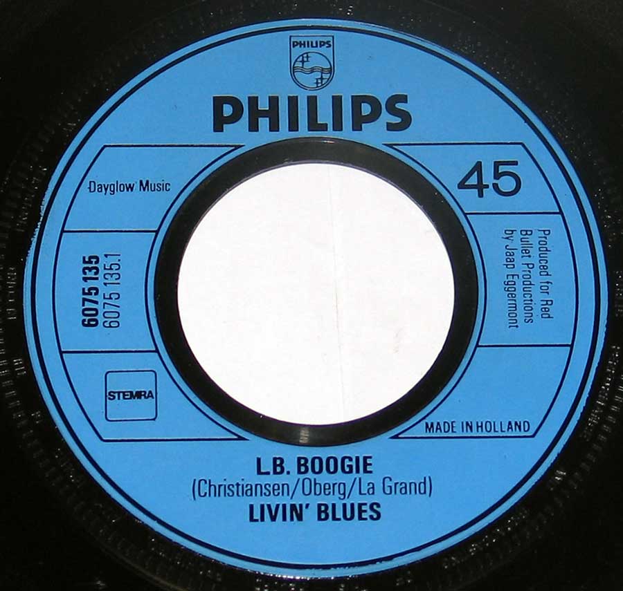 Close up of record's label LIVIN' BLUES - L.B. Boogie / Johnny W. 7" Vinyl Single Side One