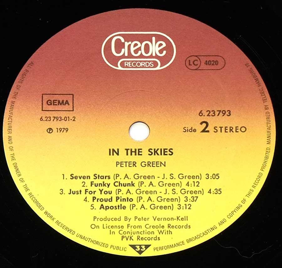Side Two Close up of record's label PETER GREEN – In The Skies (ex-Fleetwood Mac) 12" Vinyl LP Album 