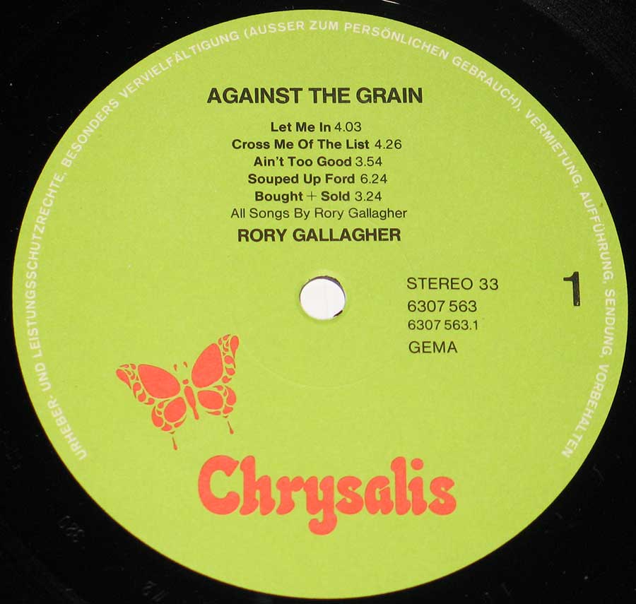 RORY GALLAGHER - Against the Grain 12" VINYL LP ALBUM enlarged record label