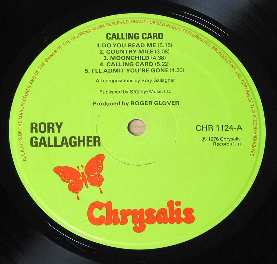 RORY GALLAGHER Calling Card UK England Release 12" LP VINYL ALBUM enlarged record label