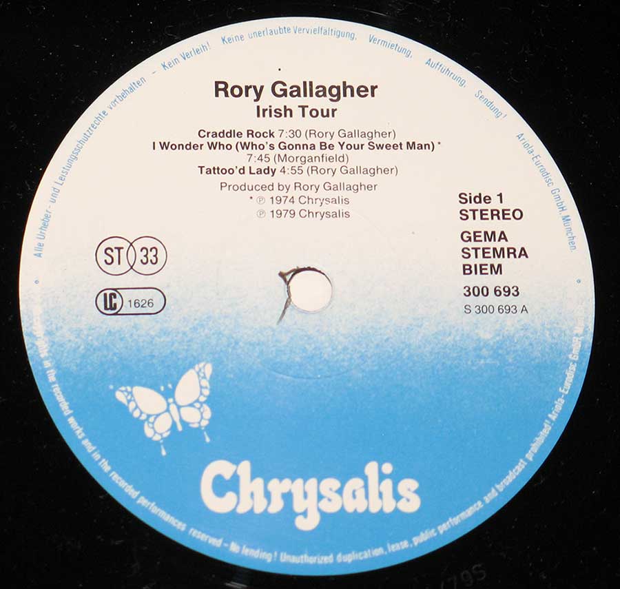 Close up of record's label RORY GALLAGHER - Irish Tour '74 2LP Side One