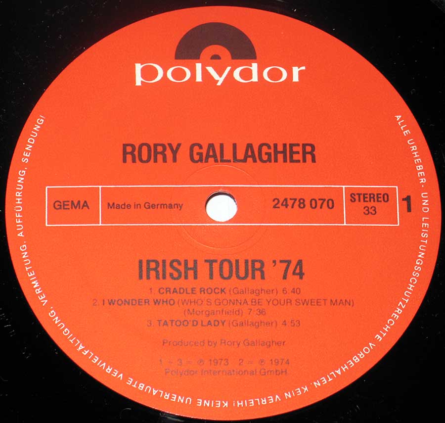 Close up of record's label Rory Gallagher - Irish Tour '74 ( German Release ) Side One