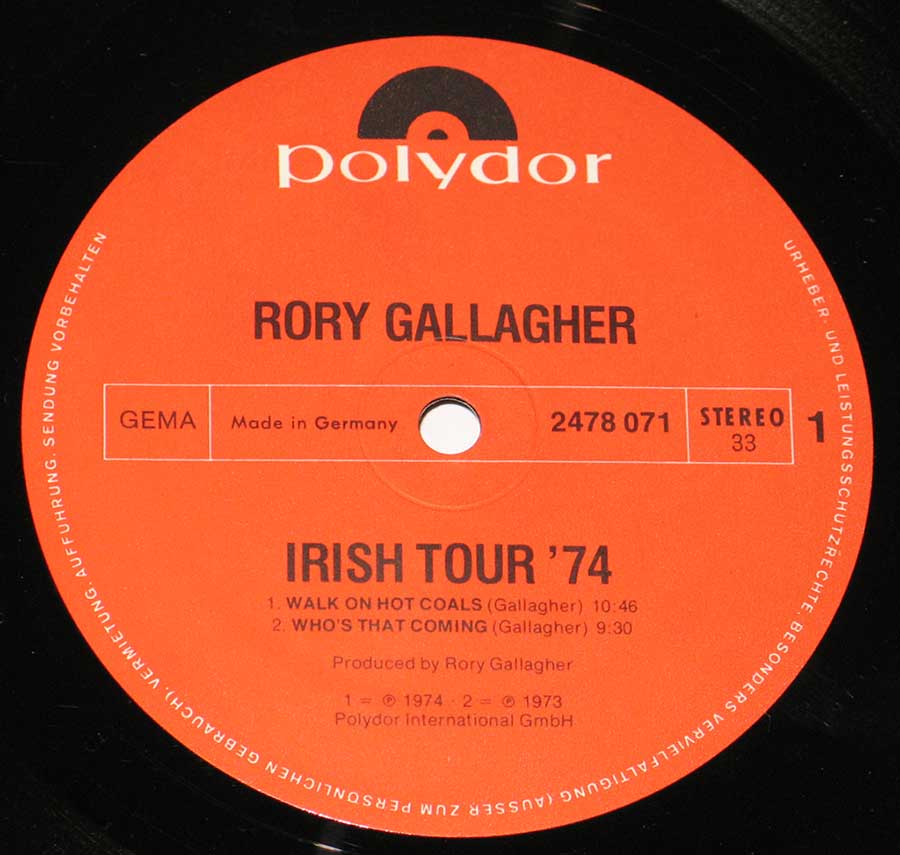 Close up of record's label Rory Gallagher - Irish Tour '74 ( German Release ) Side Two