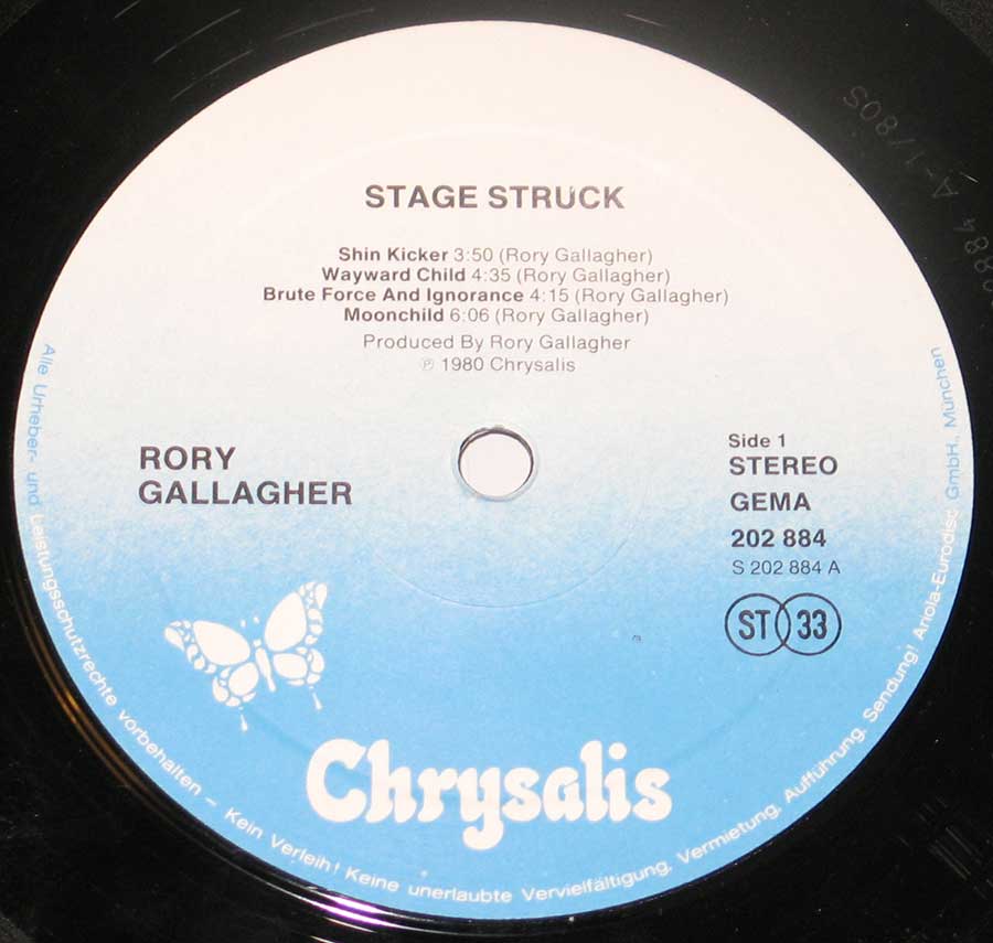 RORY GALLAGHER Stage Struck Recorded Live 12" Vinyl LP Album enlarged record label